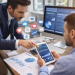 Profesionales de consultoría y servicios empresariales analizando estrategia de social media y métricas de marketing digital en una oficina moderna.