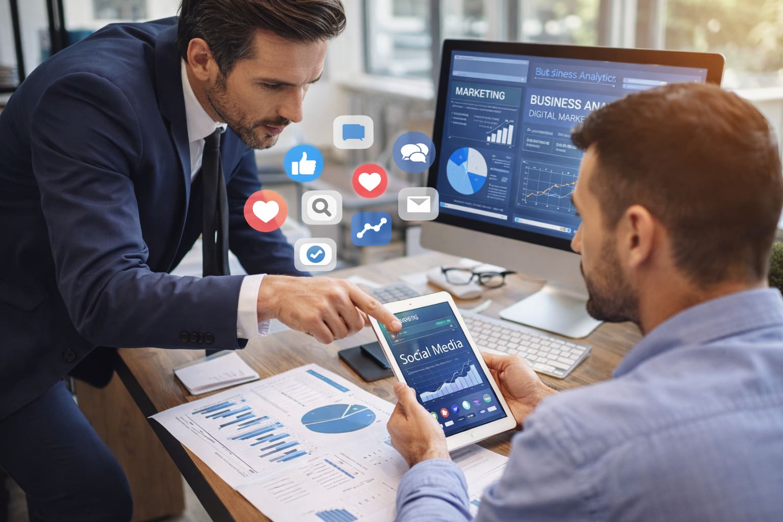 Profesionales de consultoría y servicios empresariales analizando estrategia de social media y métricas de marketing digital en una oficina moderna.