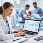 Profesional de clínica dental gestionando la estrategia de social media y reputación de marca en un entorno clínico moderno.