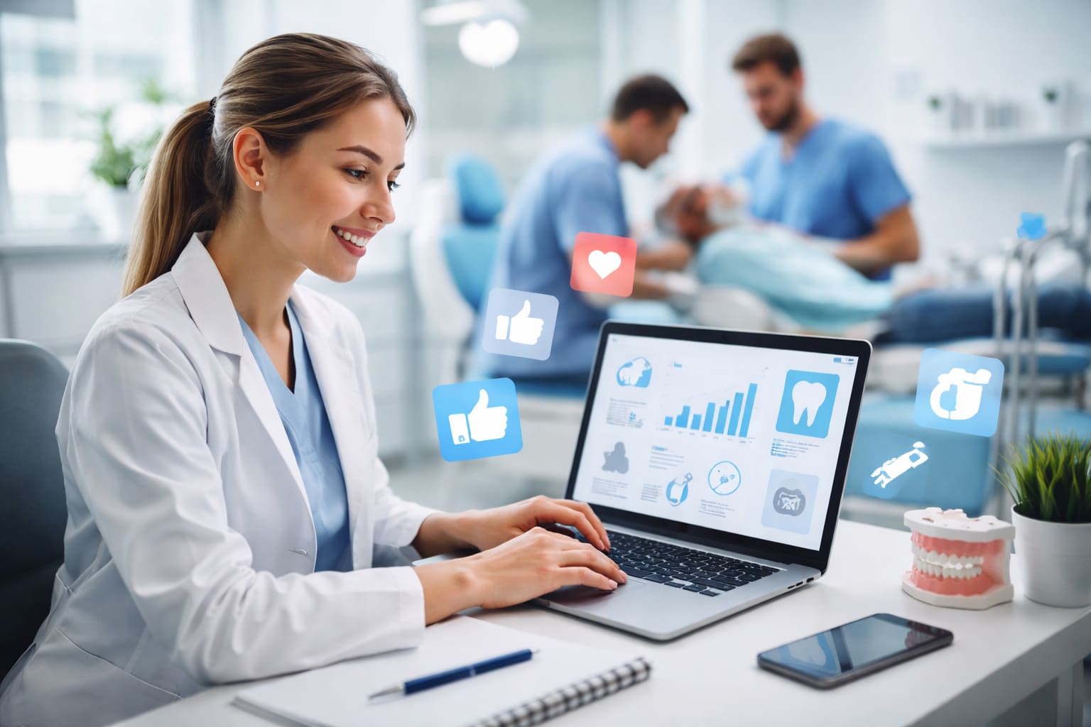 Profesional de clínica dental gestionando la estrategia de social media y reputación de marca en un entorno clínico moderno.