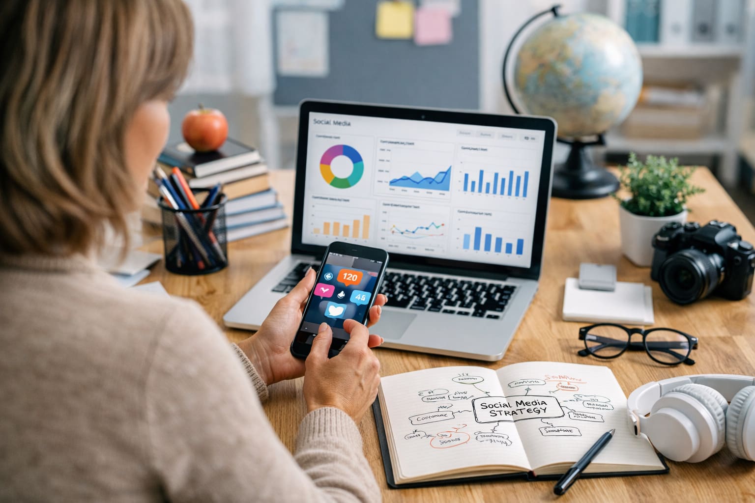 Profesional del sector educativo planificando una estrategia de social media y reputación digital en un entorno de formación.