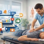 Profesional de fisioterapia atendiendo a un paciente en clínica, con enfoque en gestión de social media y reputación de marca para el sector fisioterapia y rehabilitación.