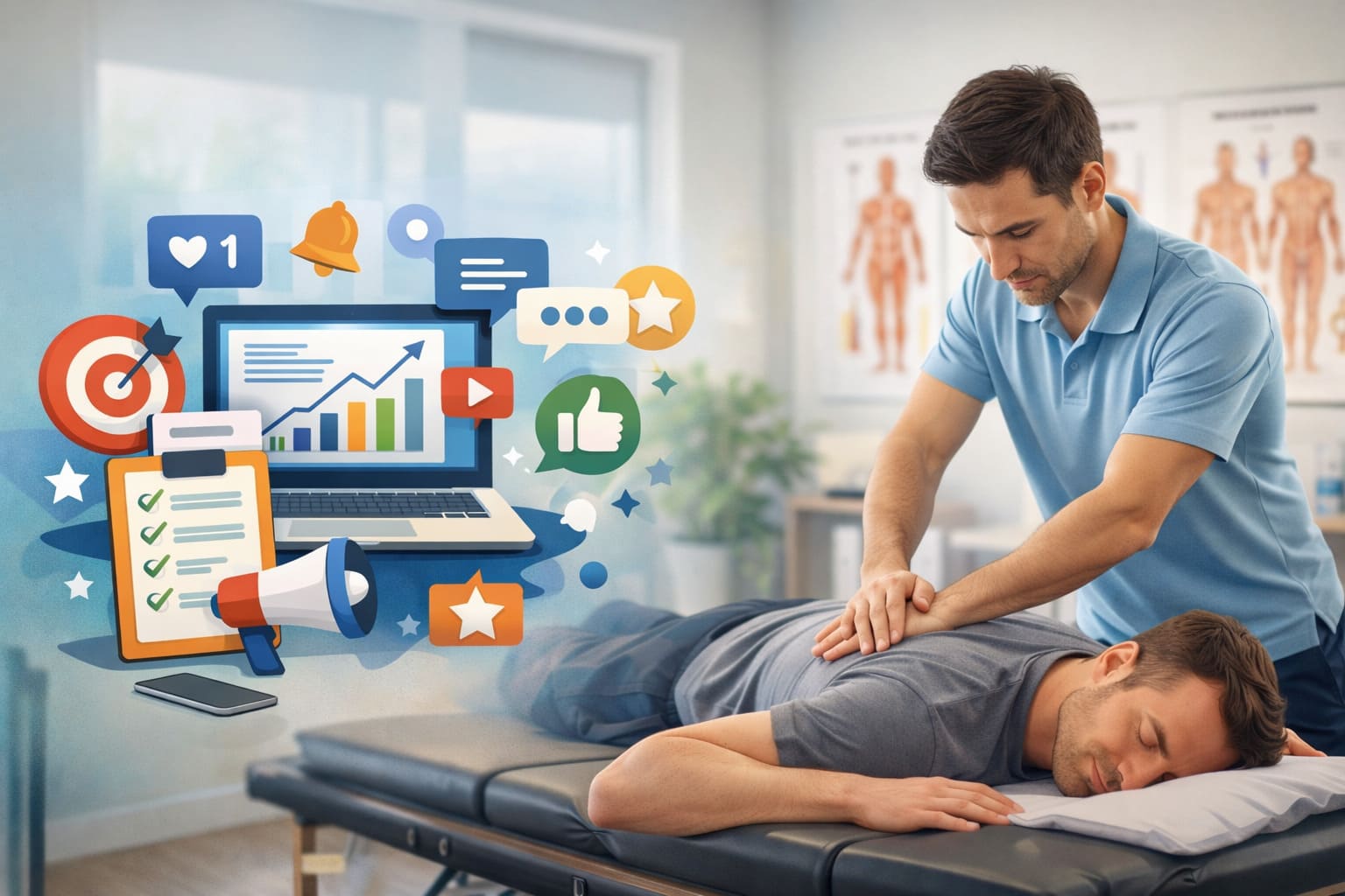 Profesional de fisioterapia atendiendo a un paciente en clínica, con enfoque en gestión de social media y reputación de marca para el sector fisioterapia y rehabilitación.