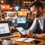 Profesional de hostelería gestionando la presencia digital de un restaurante en un entorno moderno, representando estrategia de social media y reputación de marca.