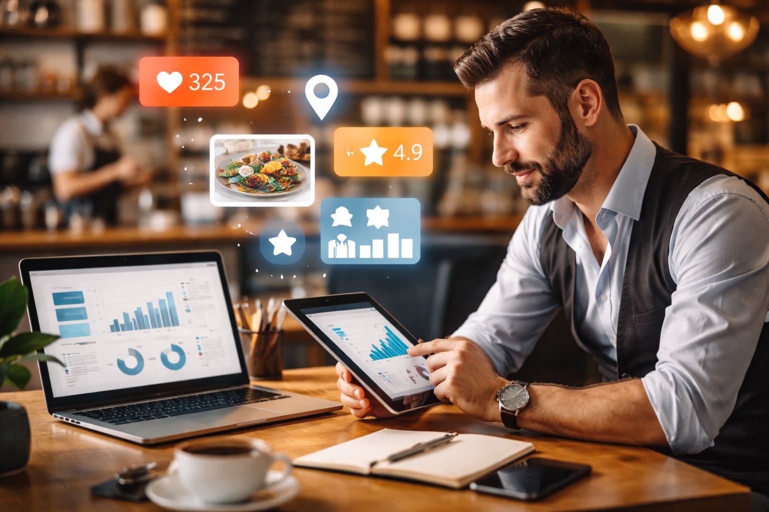 Profesional de hostelería gestionando la presencia digital de un restaurante en un entorno moderno, representando estrategia de social media y reputación de marca.