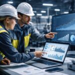 Profesionales del sector industria e ingeniería analizando datos de marketing digital en una fábrica moderna.