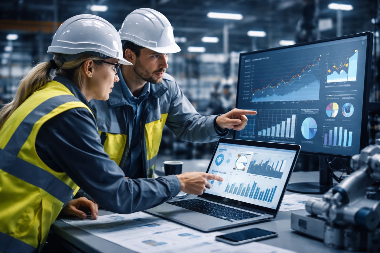 Profesionales del sector industria e ingeniería analizando datos de marketing digital en una fábrica moderna.