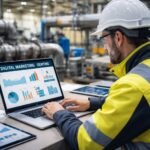 Profesional del sector instalaciones técnicas y energía analizando una estrategia de social media y marketing digital en un entorno industrial