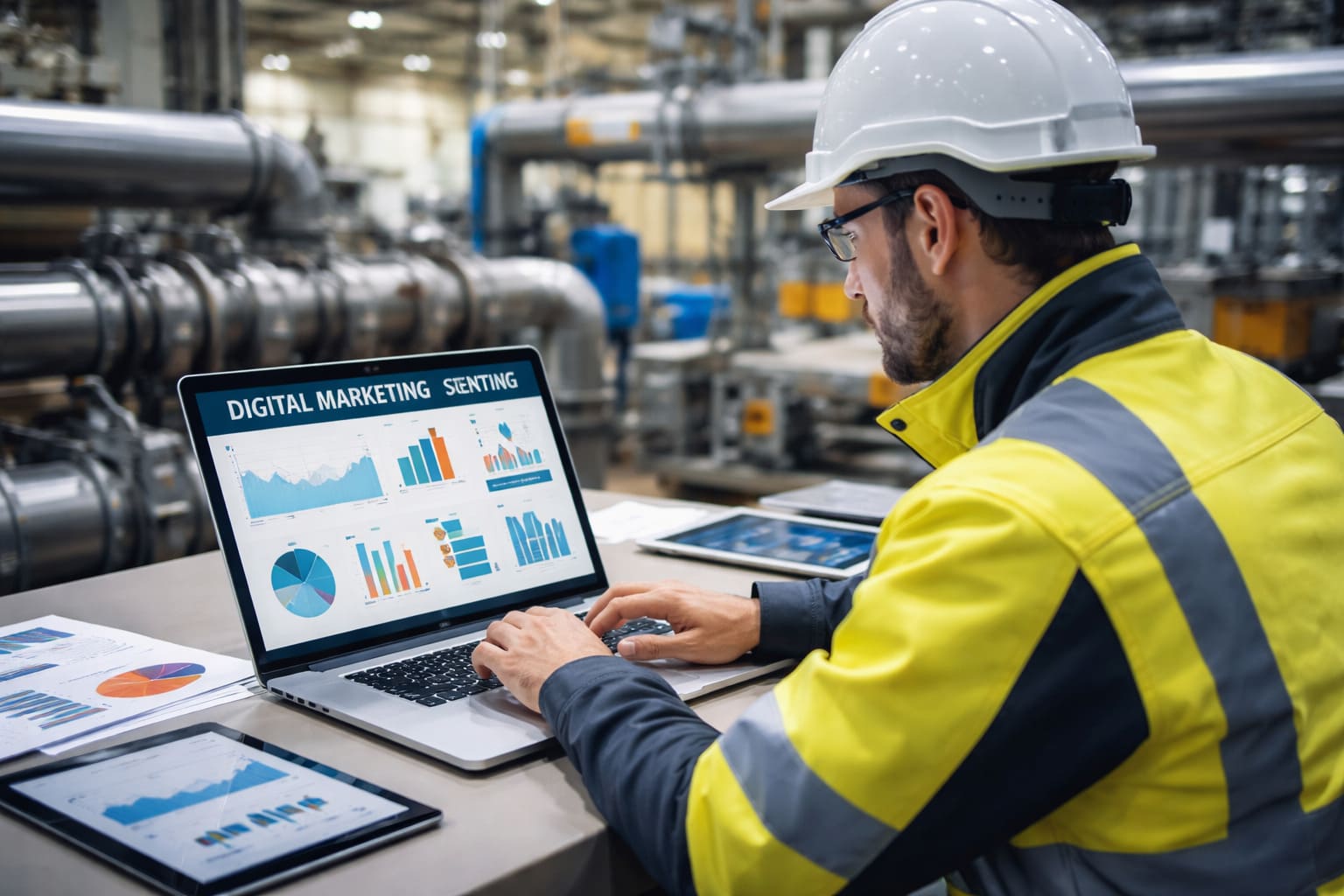 Profesional del sector instalaciones técnicas y energía analizando una estrategia de social media y marketing digital en un entorno industrial