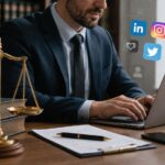 Profesional del sector jurídico revisando una estrategia de social media y reputación de marca en un despacho moderno