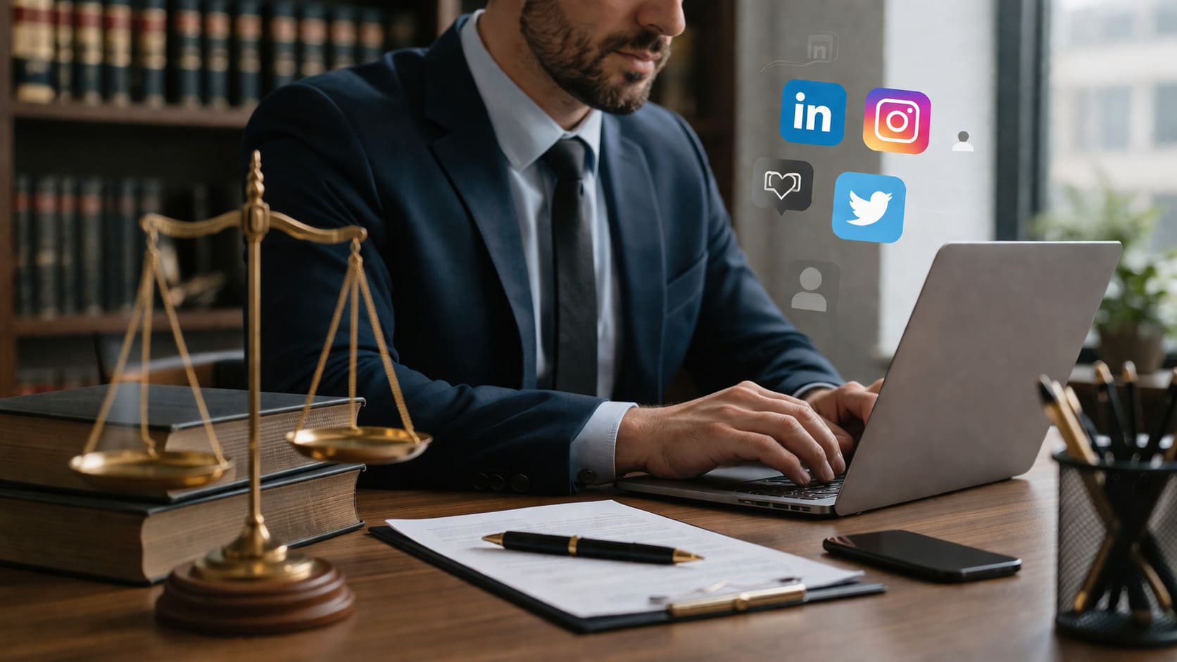 Profesional del sector jurídico revisando una estrategia de social media y reputación de marca en un despacho moderno