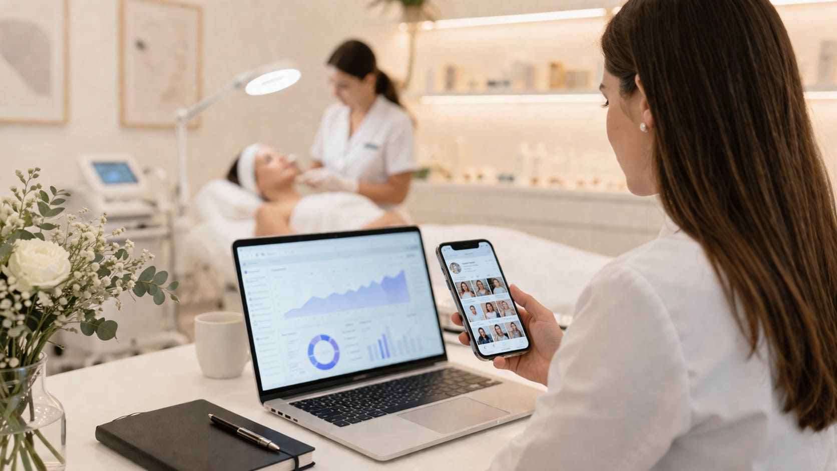 Equipo de clínica de medicina estética y salud privada trabajando su estrategia de social media y reputación de marca en entorno digital
