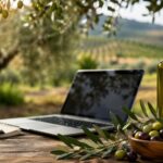 Botella de aceite de oliva junto a portátil y cuaderno en un olivar, representando la gestión de social media en el sector oleícola