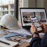 Profesional del sector reformas y construcción gestionando contenidos digitales desde una mesa de trabajo con planos, casco de obra y portátil