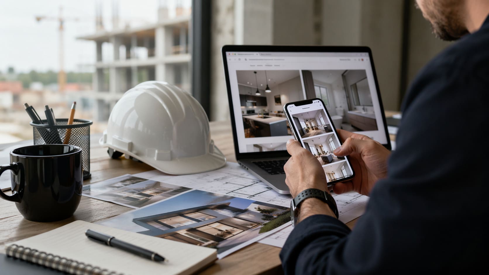 Profesional del sector reformas y construcción gestionando contenidos digitales desde una mesa de trabajo con planos, casco de obra y portátil