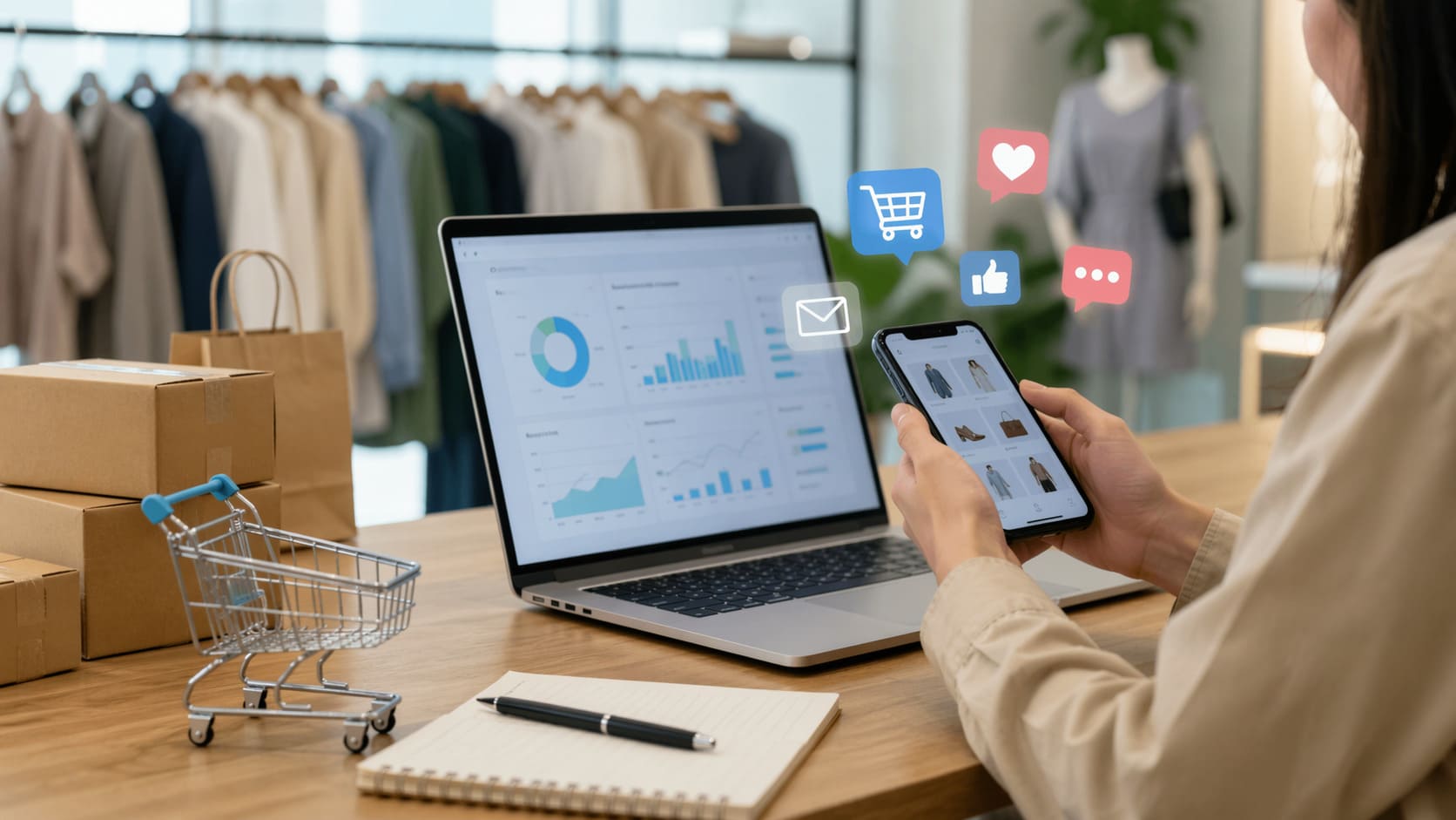 Profesional gestionando redes sociales para una marca de retail y ecommerce en un entorno digital con análisis de marketing online y estrategia de marca