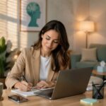Profesionales del sector salud mental y psicología analizando estrategia de social media y reputación de marca en un entorno digital profesional.