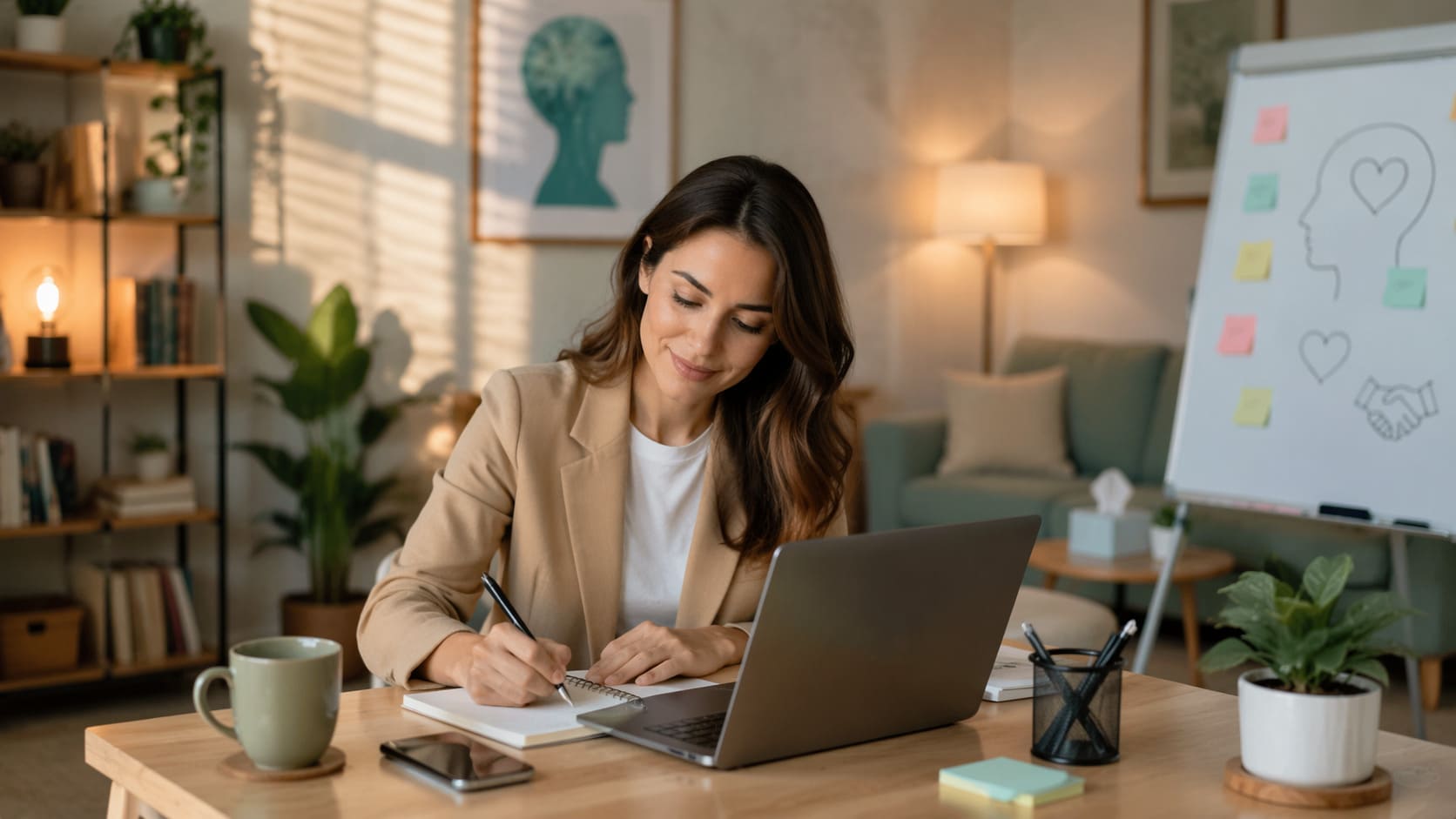 Profesionales del sector salud mental y psicología analizando estrategia de social media y reputación de marca en un entorno digital profesional.