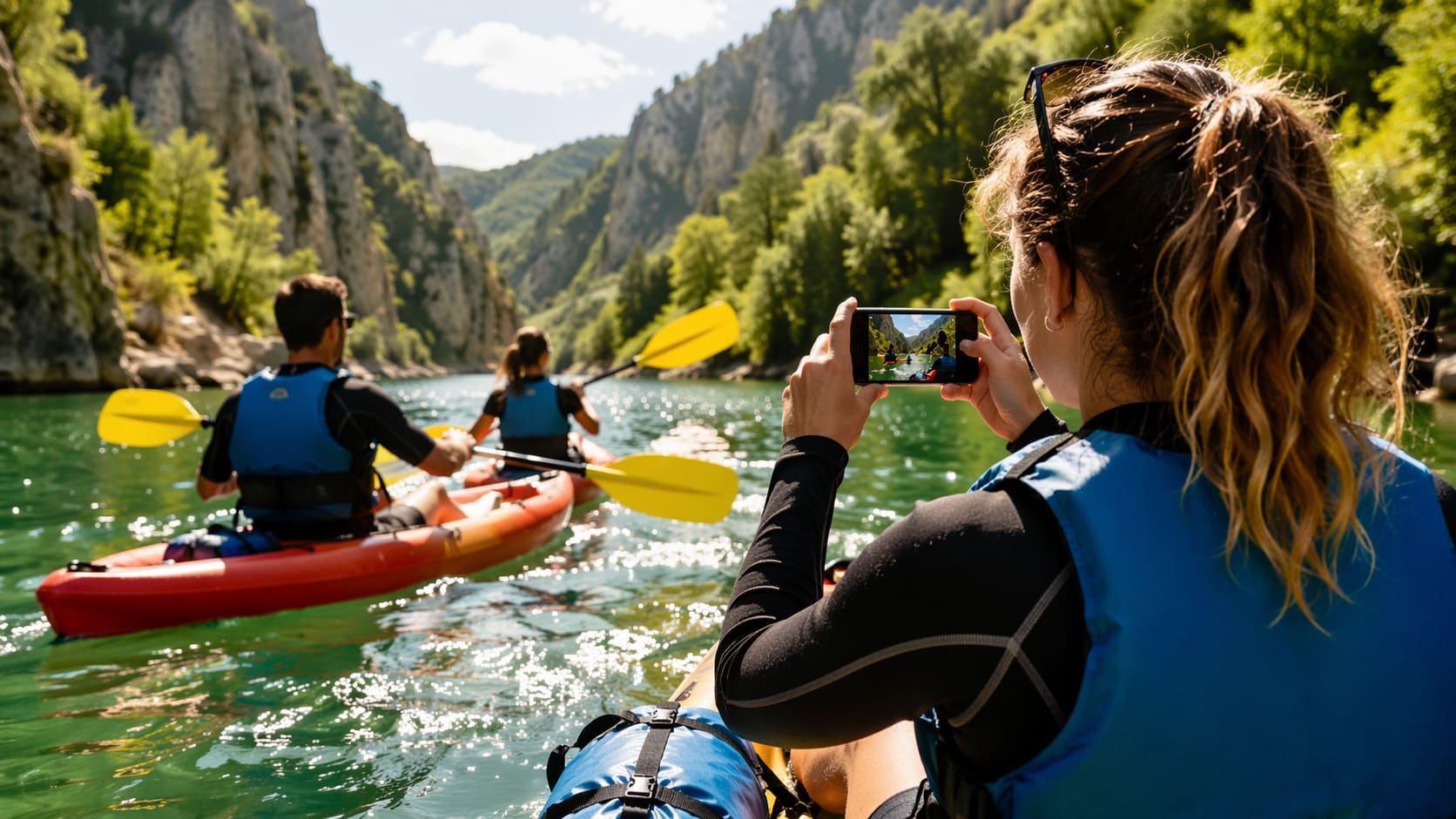 Grupo de personas disfrutando de una experiencia de turismo activo en un entorno natural mientras capturan contenido con el móvil, representando la gestión de social media y la reputación de marca del sector.