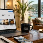 Profesional trabajando la gestión de social media para una marca de turismo y alojamiento desde un espacio con vistas, portátil, móvil y entorno vacacional