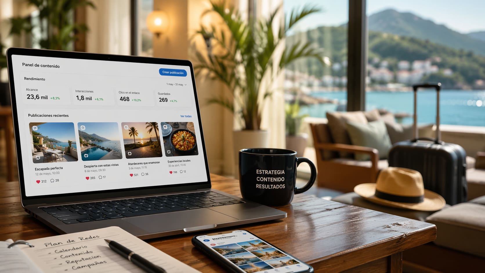 Profesional trabajando la gestión de social media para una marca de turismo y alojamiento desde un espacio con vistas, portátil, móvil y entorno vacacional