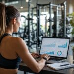 Profesional del sector fitness analizando campañas de publicidad digital en un gimnasio moderno con portátil y métricas de marketing