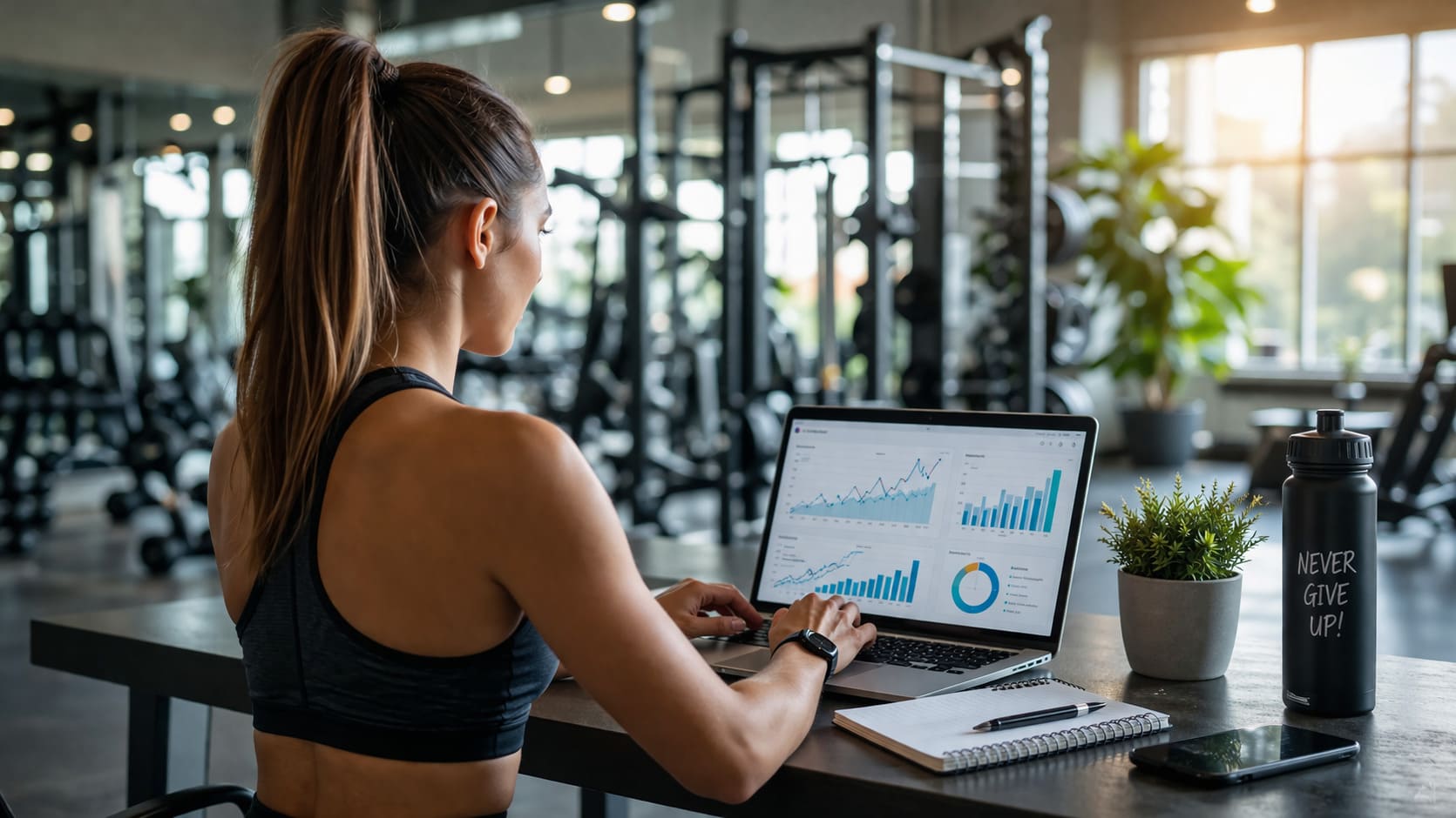 Profesional del sector fitness analizando campañas de publicidad digital en un gimnasio moderno con portátil y métricas de marketing