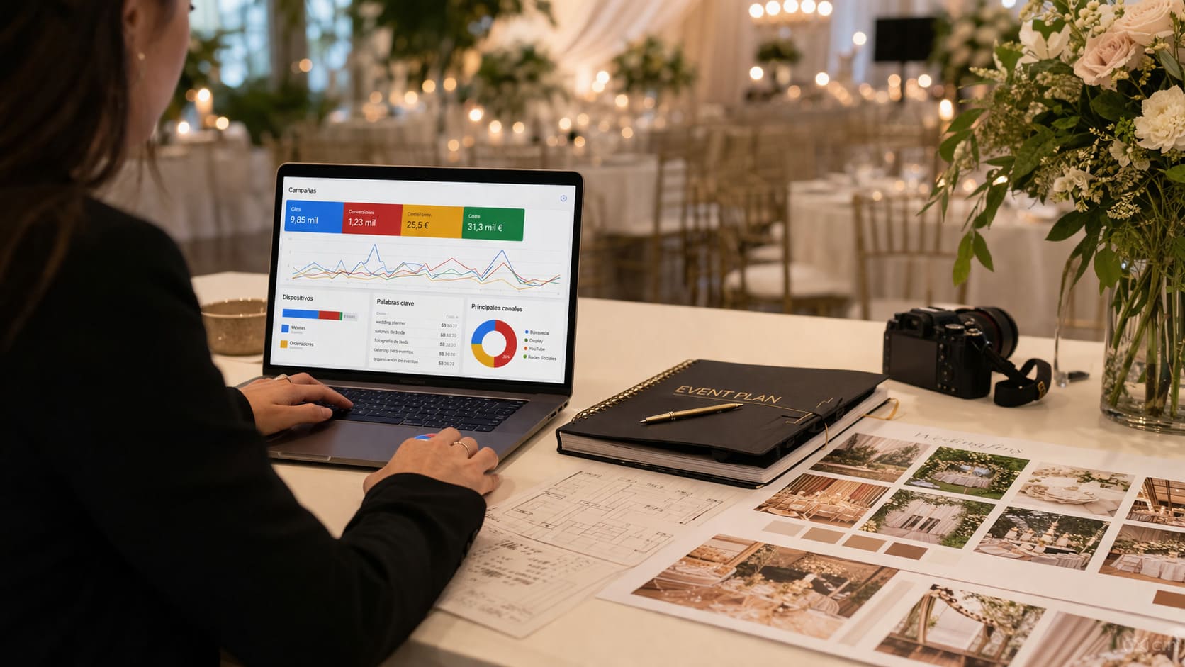 Profesional del sector bodas y eventos trabajando una estrategia de publicidad digital en un espacio elegante de celebración con portátil, cámara y elementos de planificación visual.