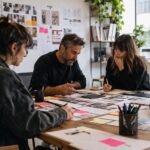 Equipo de comunicación y producción creativa trabajando una estrategia de publicidad de pago ADS, SEM y PPC con análisis digital y enfoque de marca