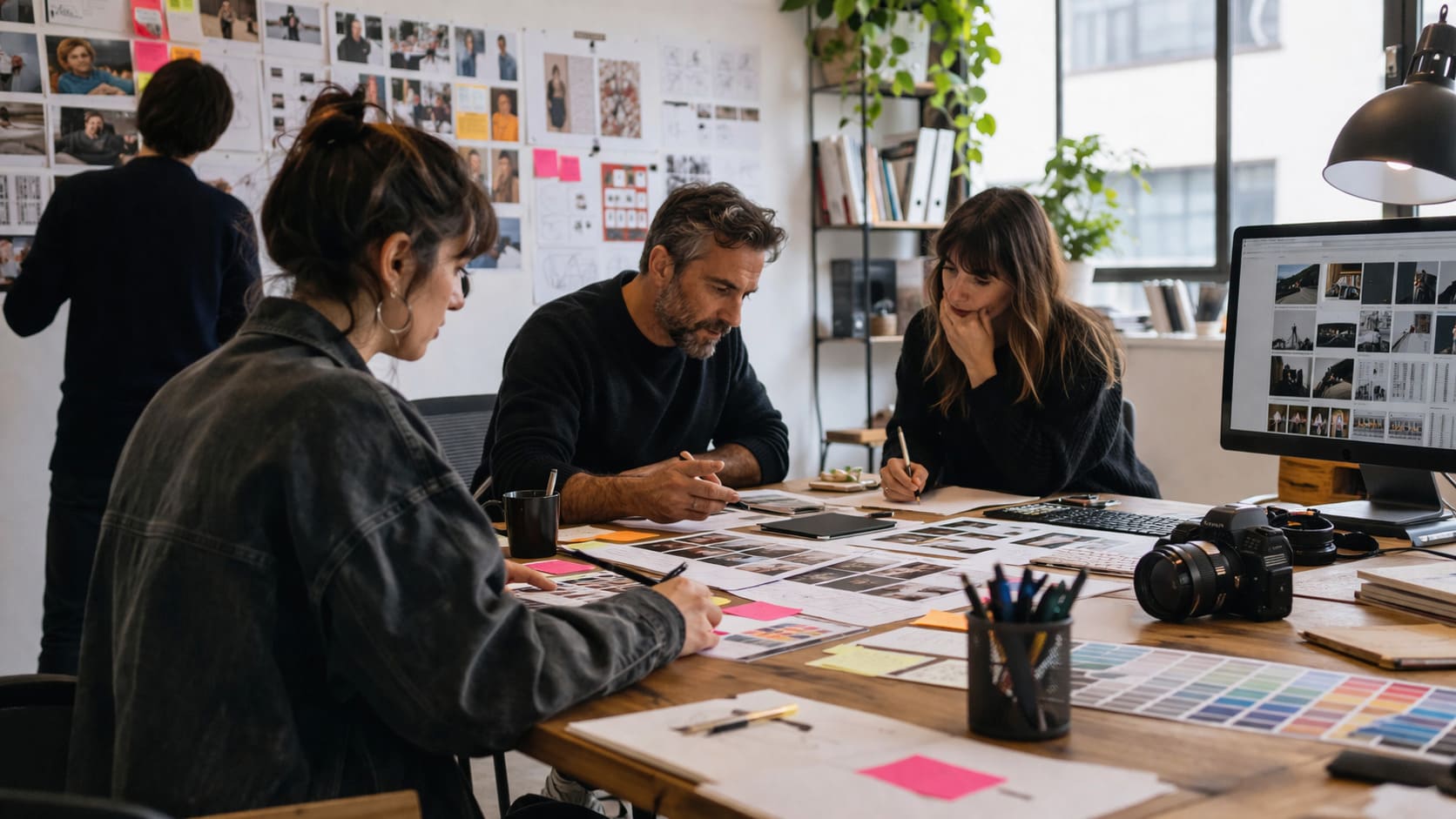 Equipo de comunicación y producción creativa trabajando una estrategia de publicidad de pago ADS, SEM y PPC con análisis digital y enfoque de marca
