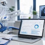 Clínica dental moderna con profesional odontológico y elementos visuales de marketing digital en un entorno profesional