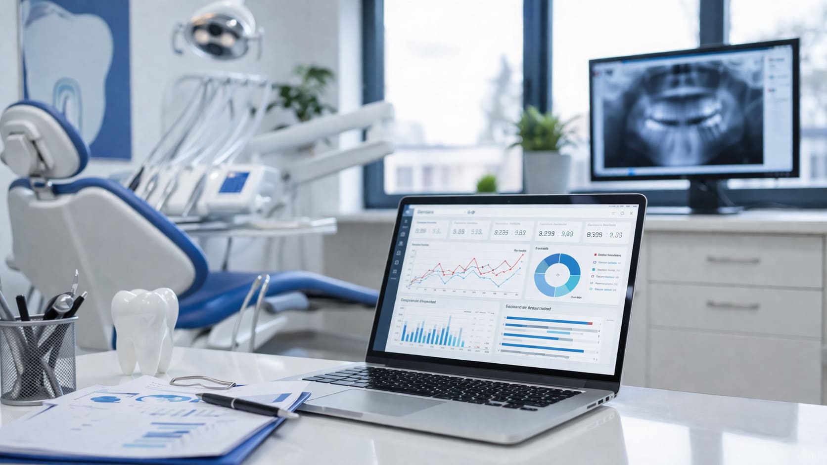 Clínica dental moderna con profesional odontológico y elementos visuales de marketing digital en un entorno profesional