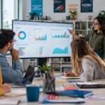 Equipo del sector Educación y Formación analizando una estrategia de publicidad digital con métricas de ADS, SEM y PPC en un entorno formativo moderno.