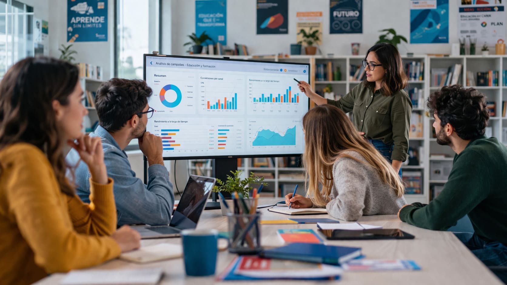 Equipo del sector Educación y Formación analizando una estrategia de publicidad digital con métricas de ADS, SEM y PPC en un entorno formativo moderno.