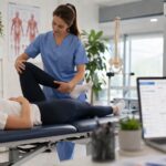 Clínica de fisioterapia y rehabilitación con un profesional atendiendo a un paciente en un entorno moderno, con referencias visuales al marketing digital y la publicidad online.