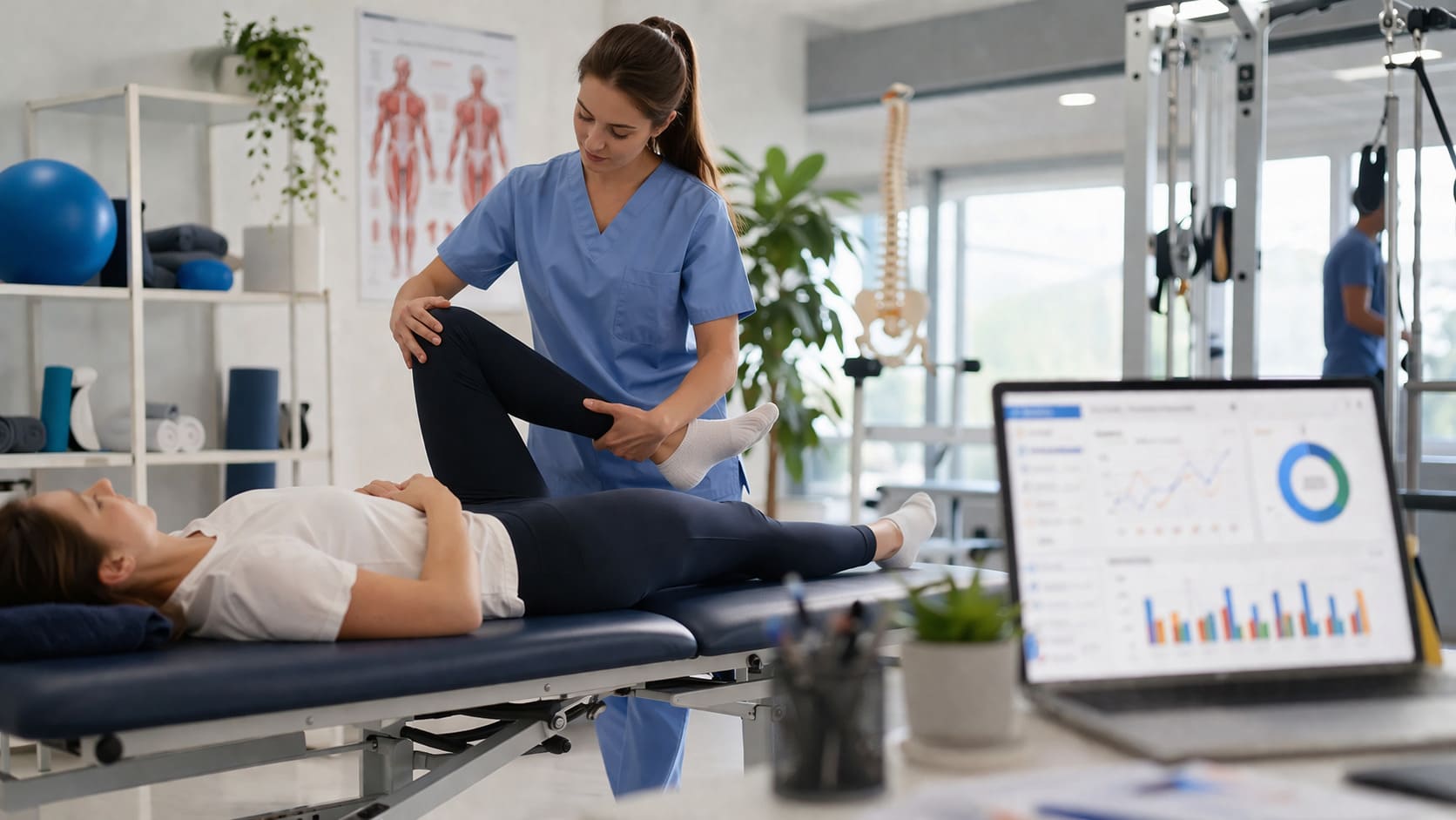 Clínica de fisioterapia y rehabilitación con un profesional atendiendo a un paciente en un entorno moderno, con referencias visuales al marketing digital y la publicidad online.