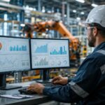 Profesional del sector industria e ingeniería revisando métricas de publicidad digital en un entorno técnico e industrial.