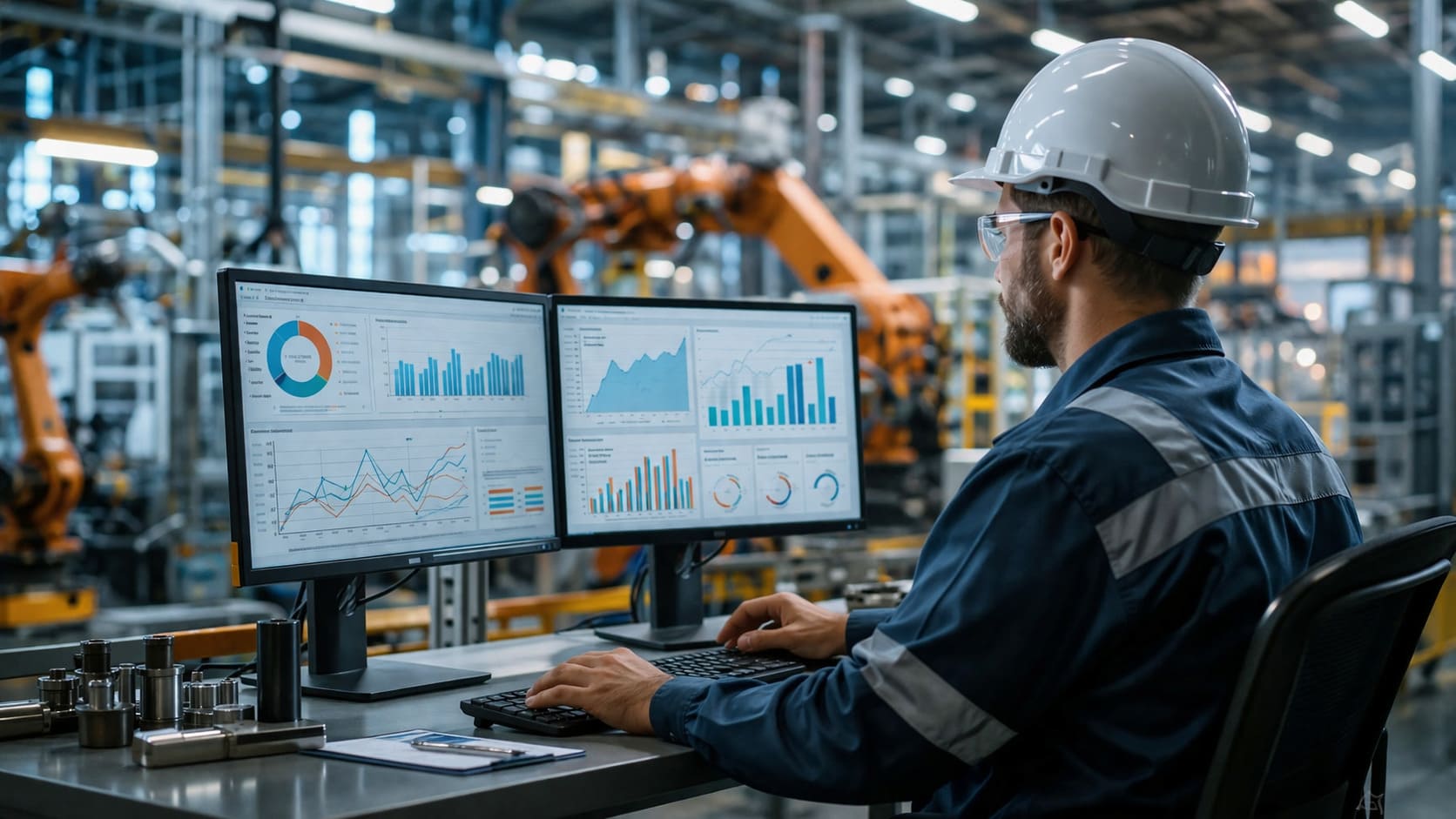 Profesional del sector industria e ingeniería revisando métricas de publicidad digital en un entorno técnico e industrial.