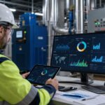 Profesional del sector de instalaciones técnicas y energía revisando una estrategia de publicidad digital con métricas de ADS, SEM y PPC en un entorno técnico e industrial