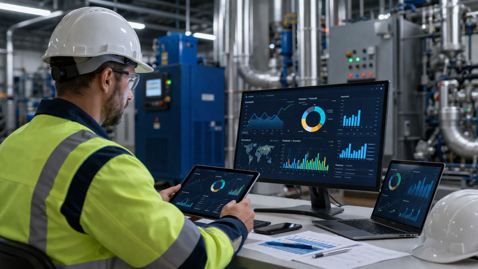 Profesional del sector de instalaciones técnicas y energía revisando una estrategia de publicidad digital con métricas de ADS, SEM y PPC en un entorno técnico e industrial