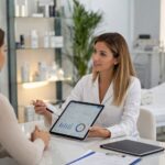 Profesional de medicina estética y salud privada revisando una estrategia de publicidad digital en una clínica moderna con entorno tecnológico y enfoque de marketing online.