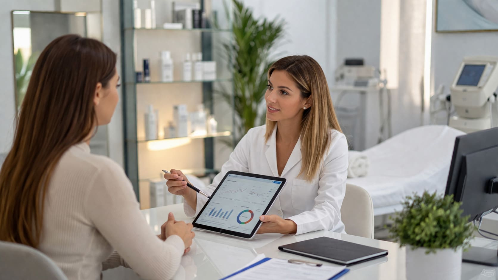 Profesional de medicina estética y salud privada revisando una estrategia de publicidad digital en una clínica moderna con entorno tecnológico y enfoque de marketing online.