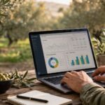 Profesional del sector oleícola revisando una estrategia de publicidad digital en un entorno con aceite de oliva, botella y gráficos de marketing online