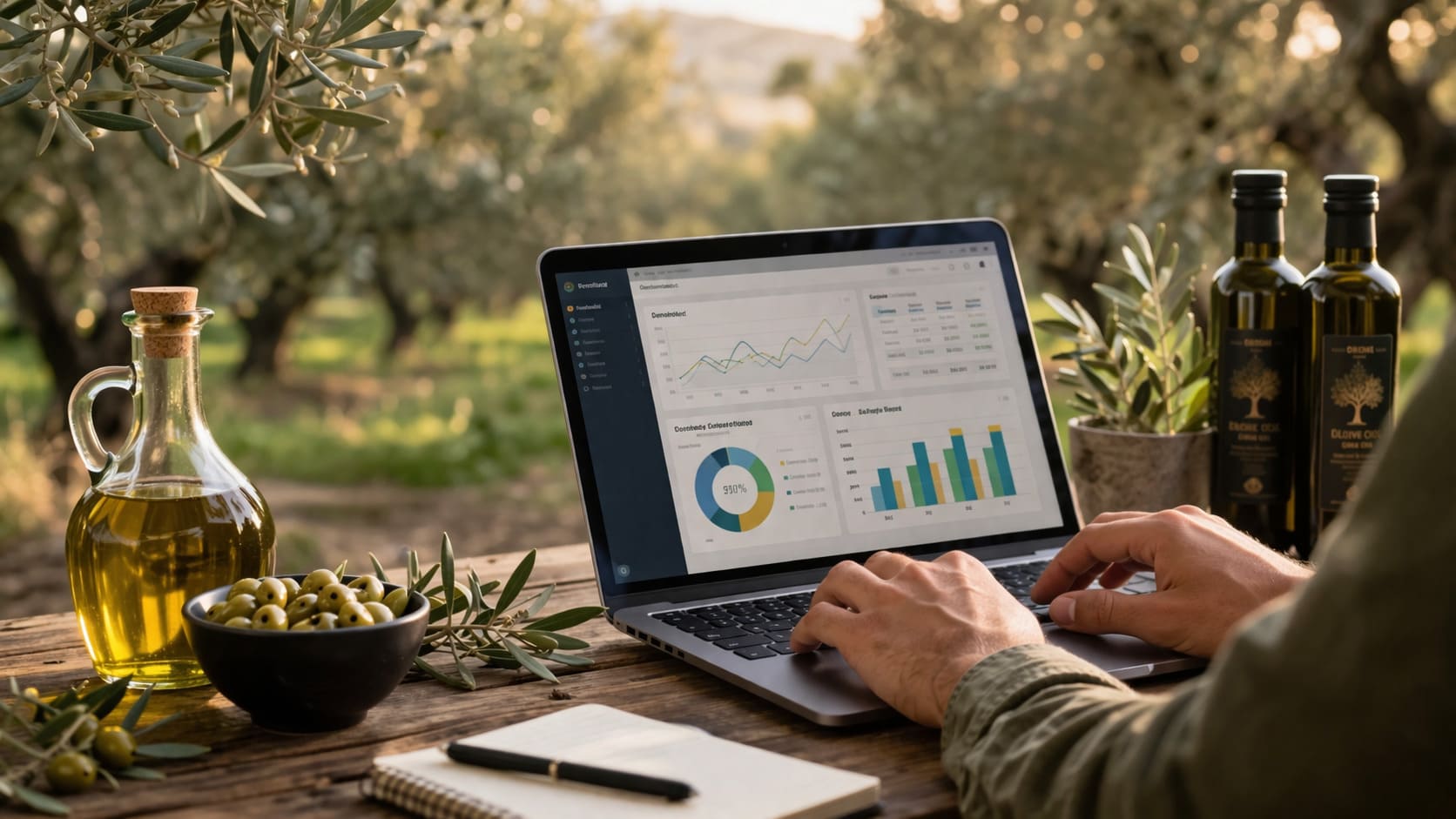 Profesional del sector oleícola revisando una estrategia de publicidad digital en un entorno con aceite de oliva, botella y gráficos de marketing online