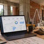 Espacio en obras con planos, herramientas y un portátil mostrando métricas de publicidad digital para una empresa del sector reformas y construcción