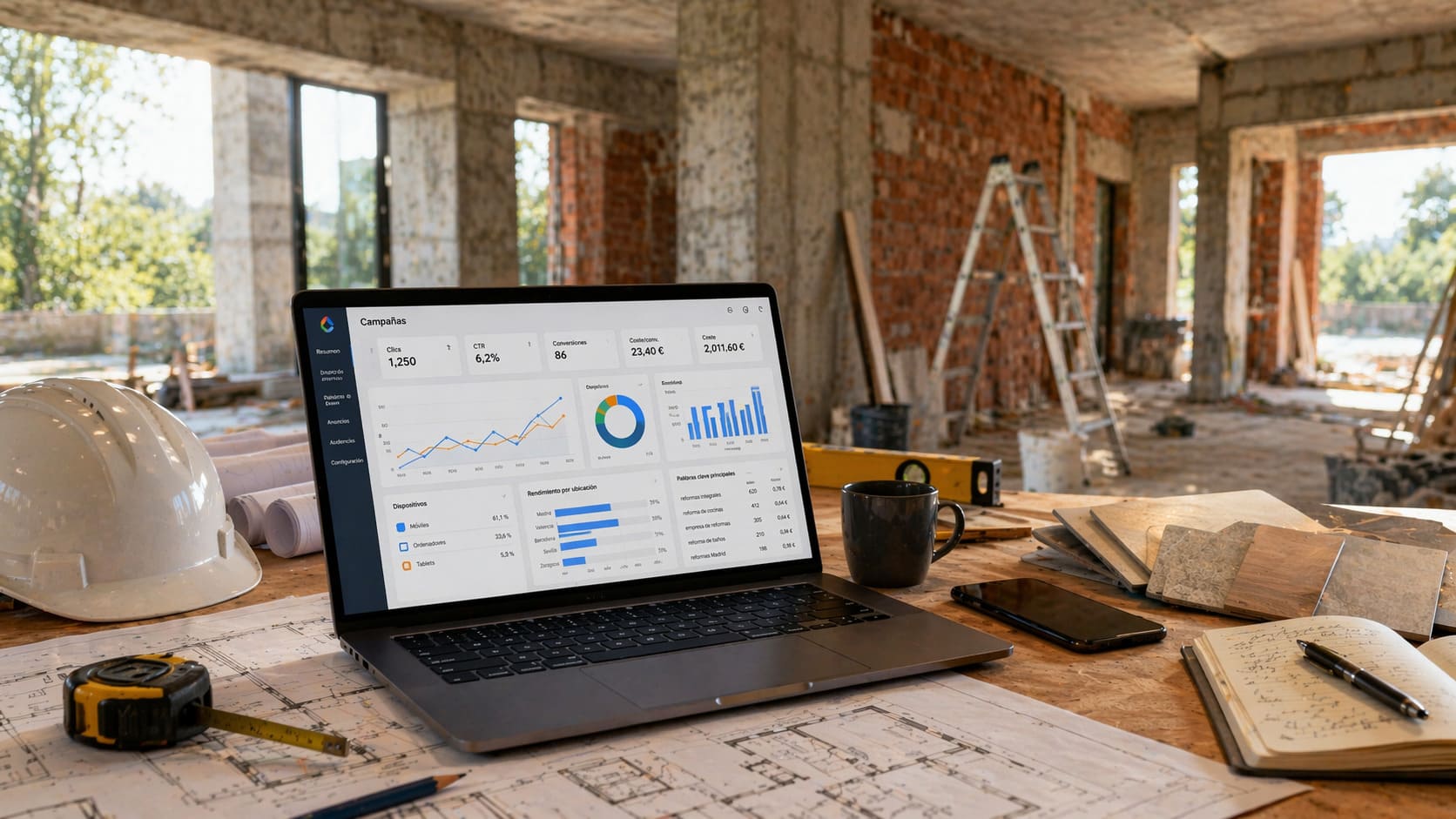Espacio en obras con planos, herramientas y un portátil mostrando métricas de publicidad digital para una empresa del sector reformas y construcción