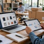 Profesional del sector de instalaciones técnicas y energía revisando una estrategia de publicidad digital con métricas de ADS, SEM y PPC en un entorno técnico e industrial