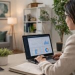 Profesional del sector de salud mental y psicología analizando una estrategia de publicidad digital y marketing online en un entorno de consulta moderno