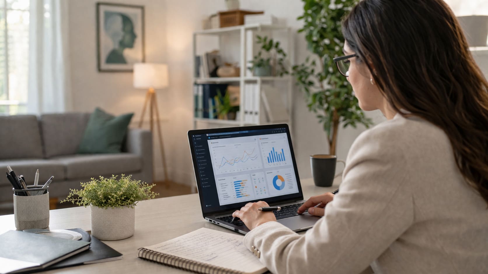 Profesional del sector de salud mental y psicología analizando una estrategia de publicidad digital y marketing online en un entorno de consulta moderno