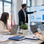 Equipo profesional del sector público y asociaciones analizando una estrategia de publicidad digital y marketing online en una oficina moderna